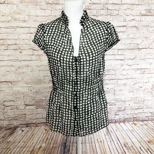 Limited Button-Up Semi-Sheer V-Neck Top with Ruched Collar –EUC